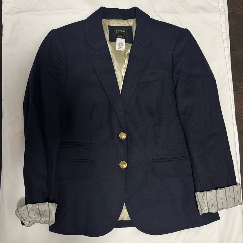 J. Crew Navy Blue schoolboy blazer 2 Wool Gabardine Brass Single breasted Jacket
